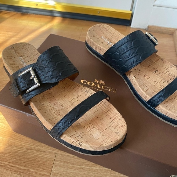 Coach New Women’s Size 9 Sunny Cut Snake Black Leather Cork Sandal Slides NIB - Picture 12 of 14